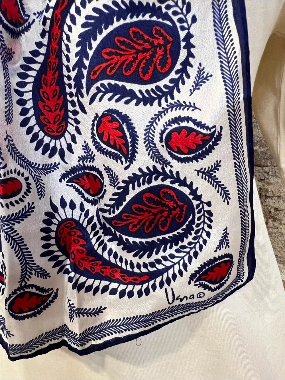 Vintage Vera Neumann Silk Oblong scarf hand rolled red navy paisley design soft